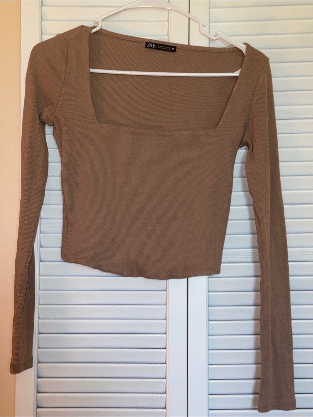 Zara Ribbed Square Neck Long Sleeve Top - Tan